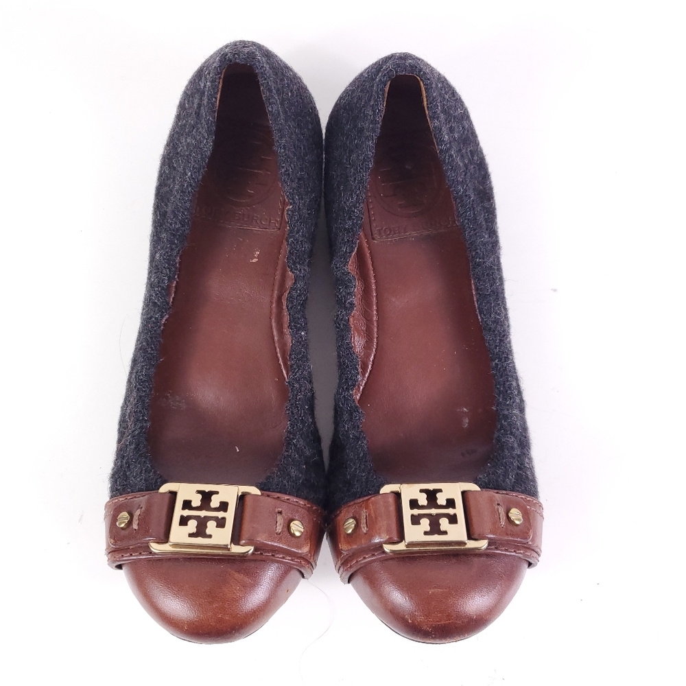 Tory Burch Ambrose Grey Flanel and Leather Ballet Flats